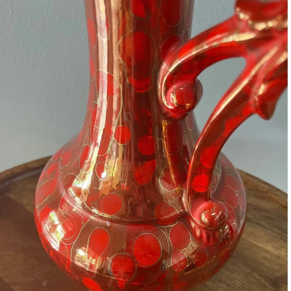 Vintage‎ Bold Red and Gold Vase Pitcher Ewer 1981 MCM vibe signd